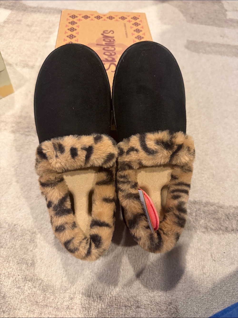 Skechers Black Slip-On Slippers with Leopard Faux-Fur Trim